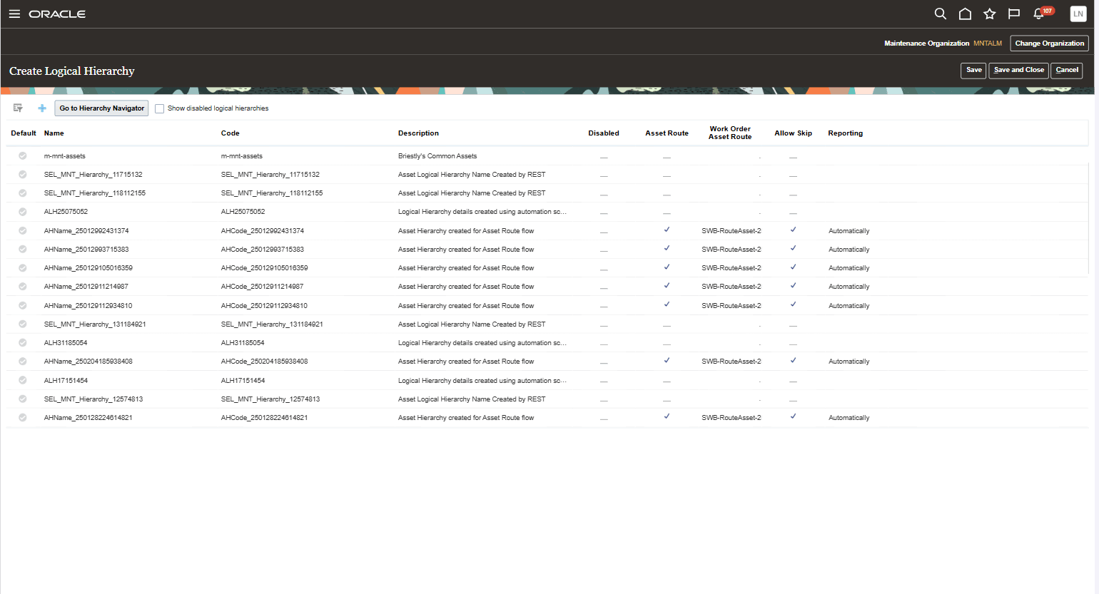 Create Logical Hierarchy page with new parameters