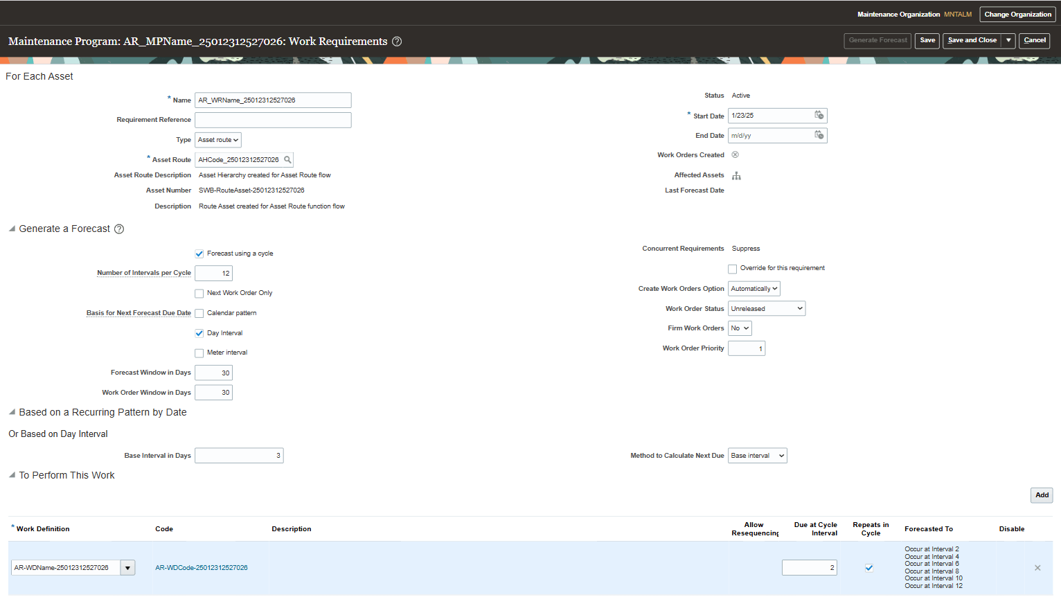 Maintenance program with new type of work requirement for asset routes