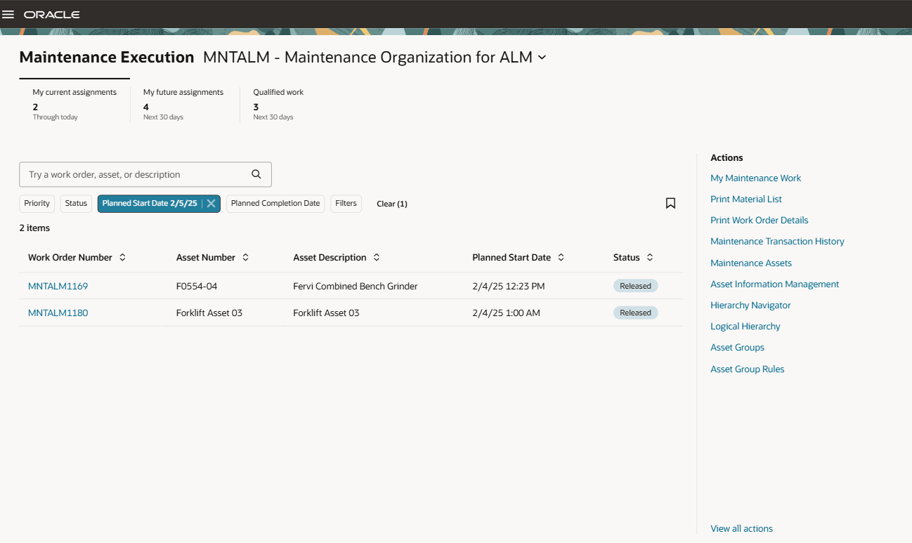 Maintenance Execution Landing Page