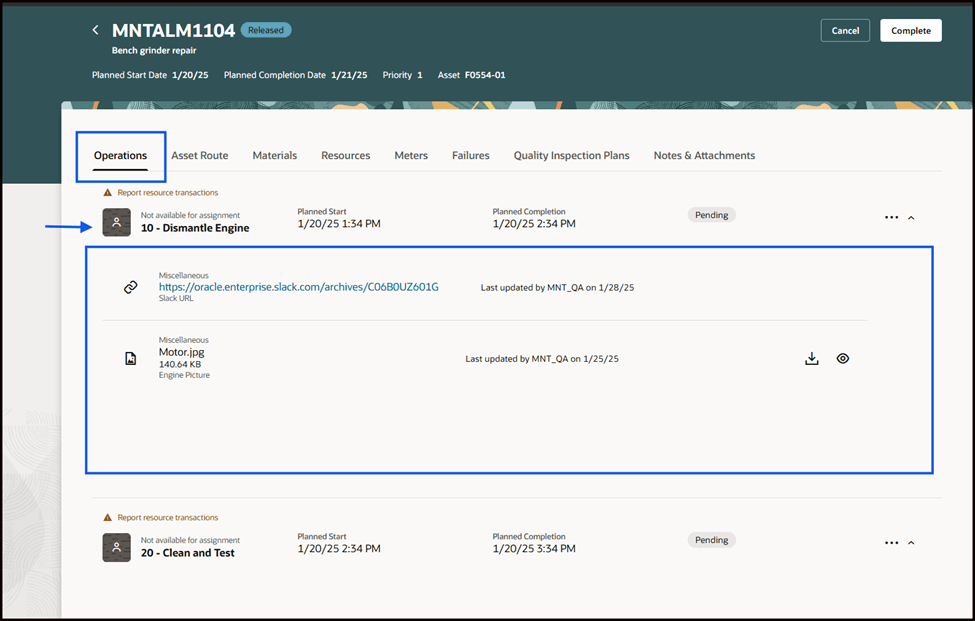 Report Work Operations Tab