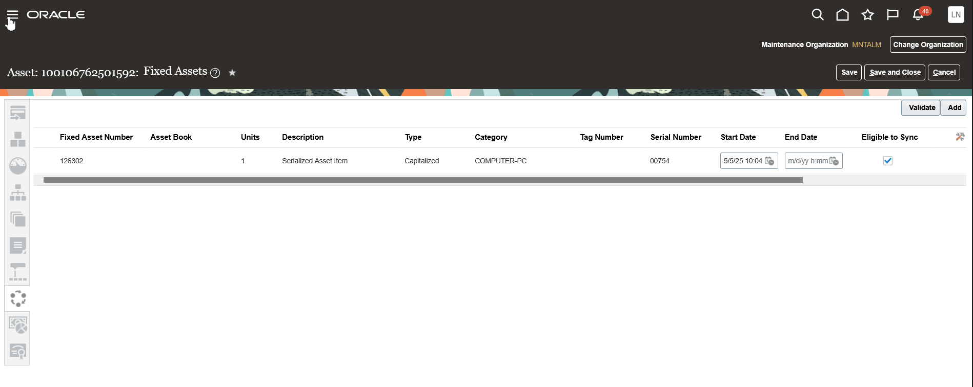 Fixed Asset Tab with a Fixed Asset that's Eligible for Sync