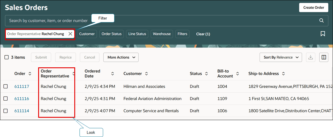 Use order representative to filter the search results