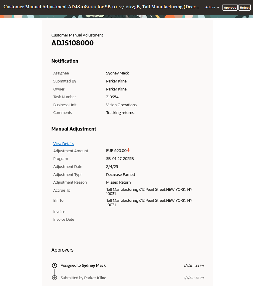 Workflow Notification for Manual Adjustment Approval