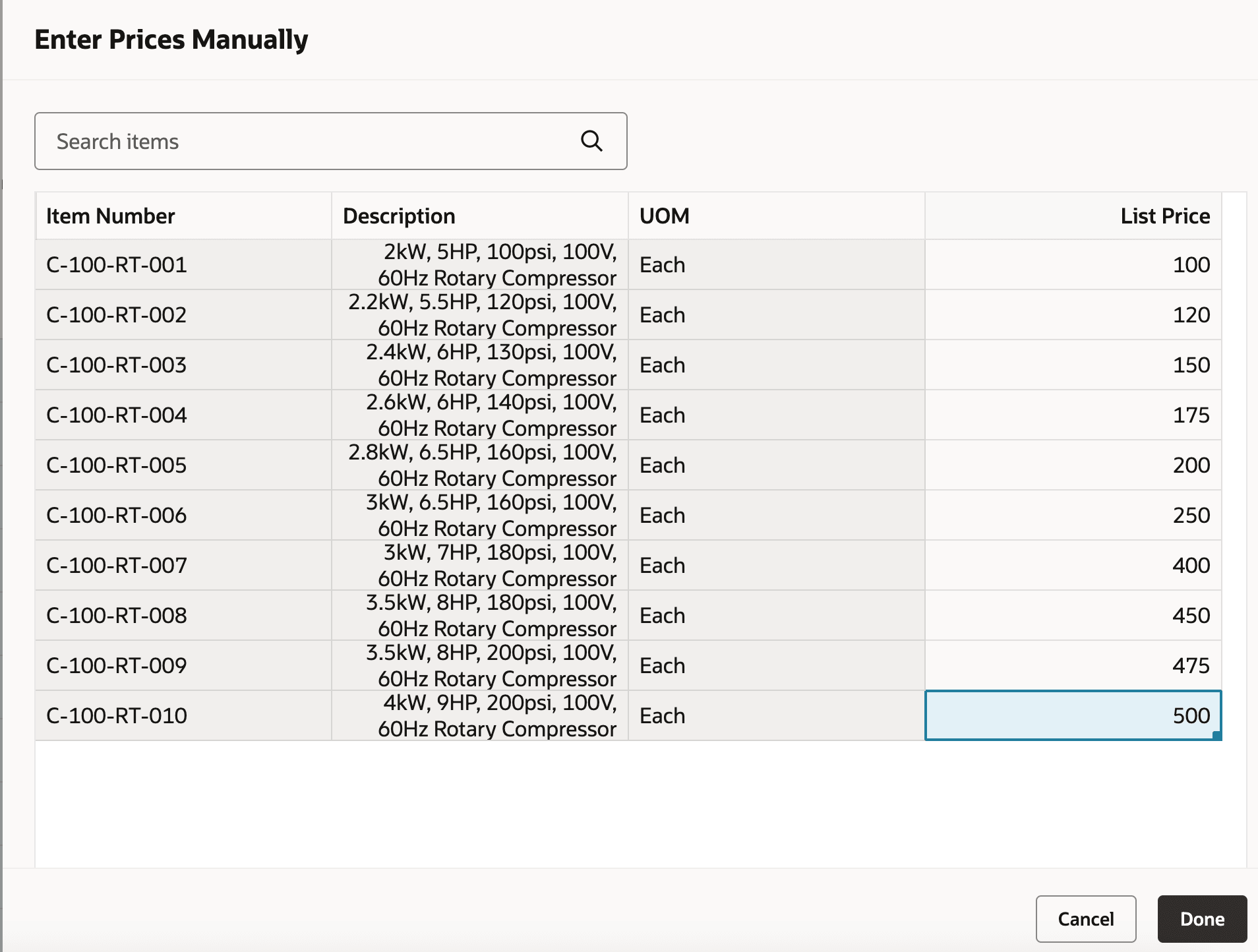 Enter Prices Manually