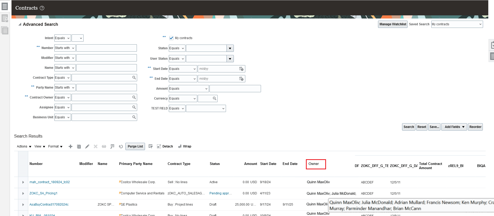 Owner field highlighted in the search results table
