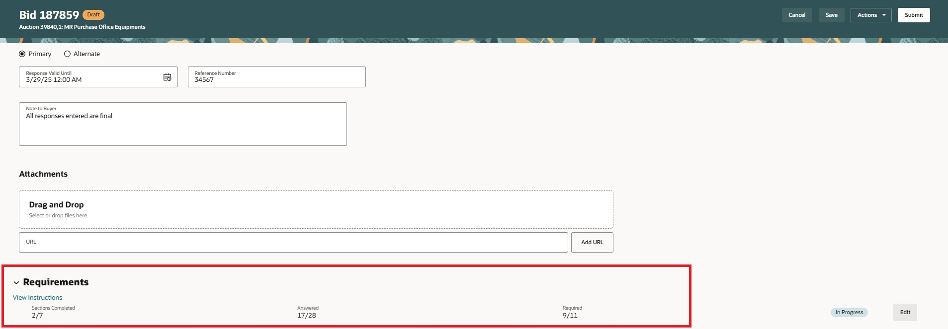 Requirement summary while requirement responding in progress