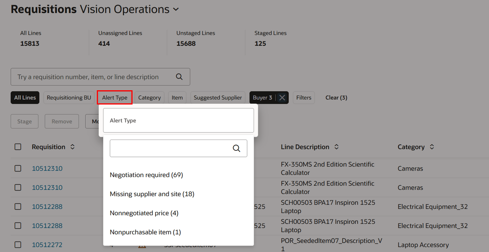 Process Requisition Alert Type Filter