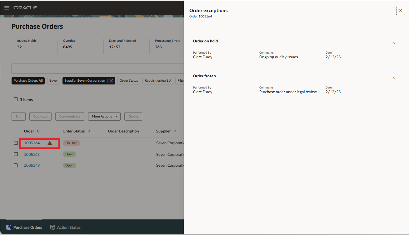 Purchase order with other exceptions
