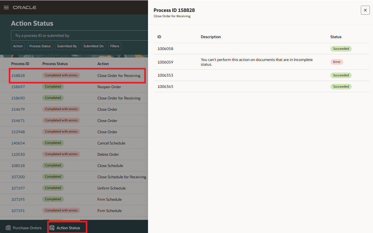 Monitor action status and view results.
