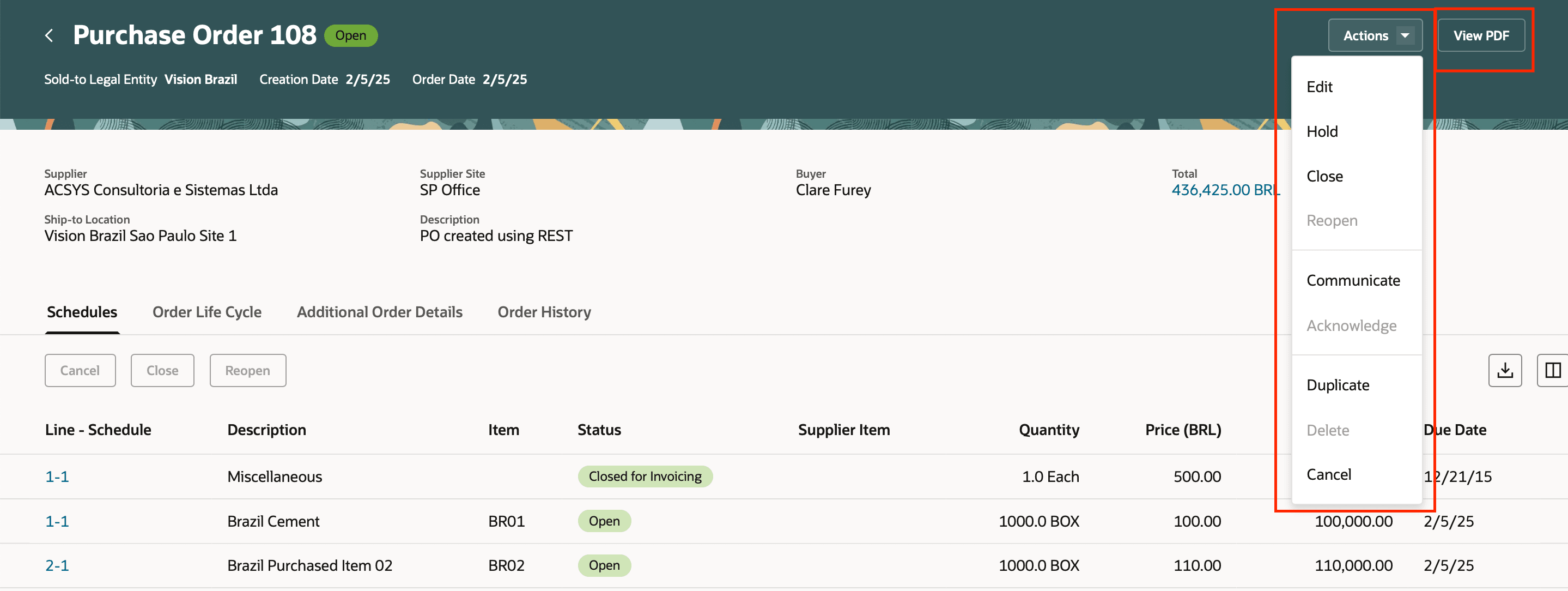 Actions from View Purchase Order