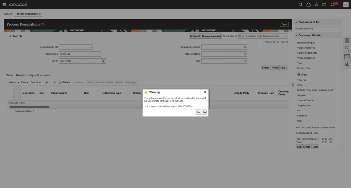 Change Order is Created When Adding Outside Processing Requisition Lines to an Existing Open Purchase Order