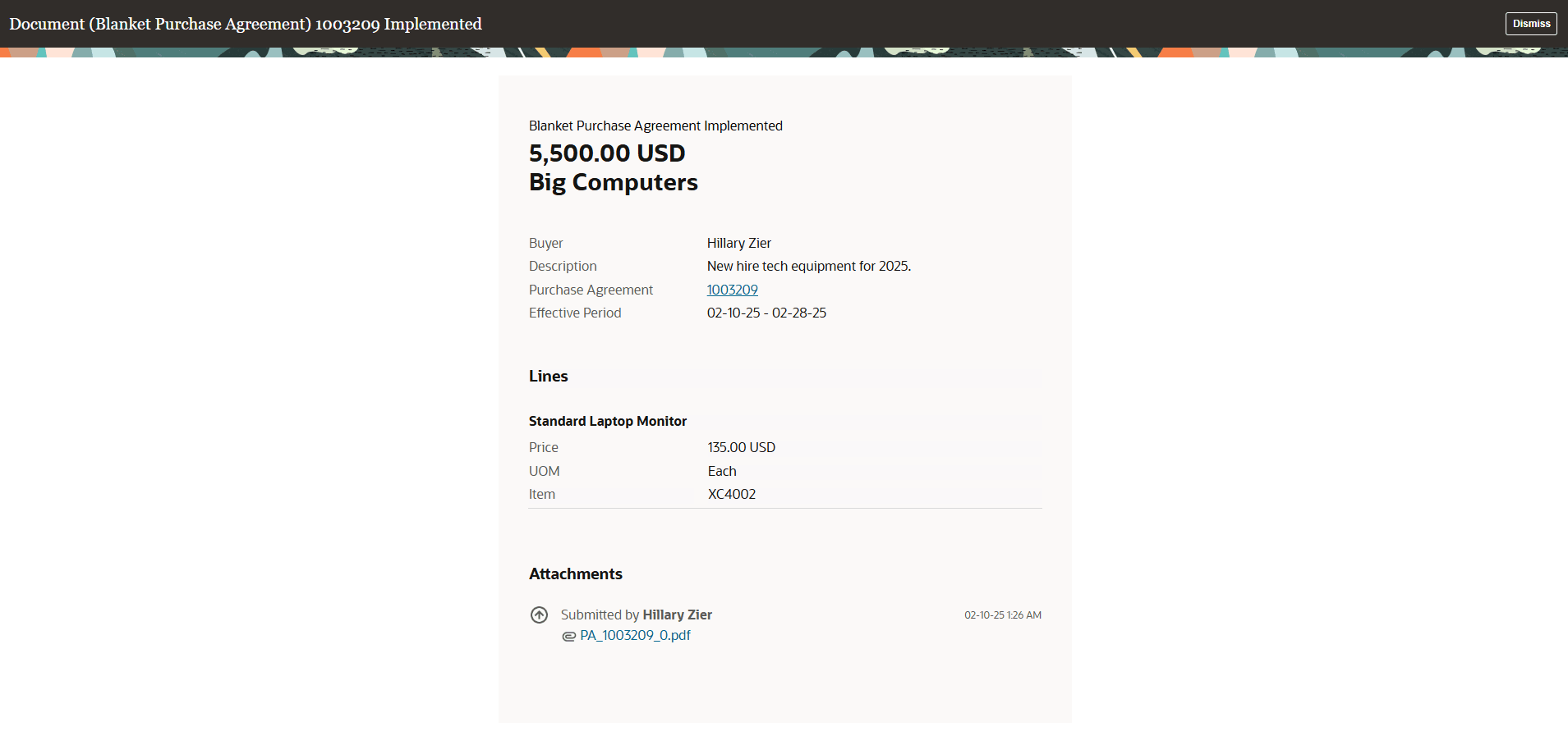 Purchase Agreement Implemented FYI Notification