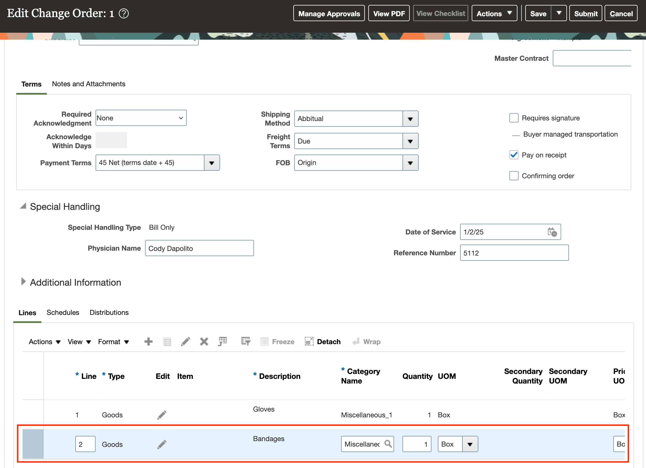 Special Handling Requisition Line Added to the Order