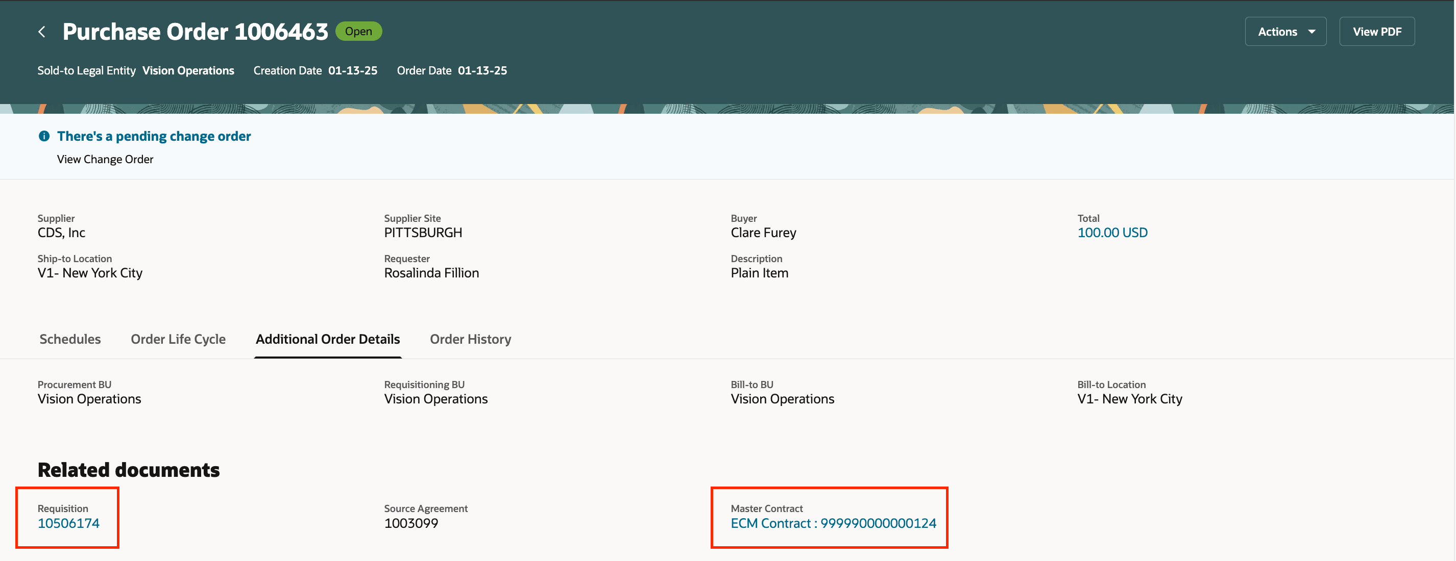 Requisition and Master Contract hyperlink