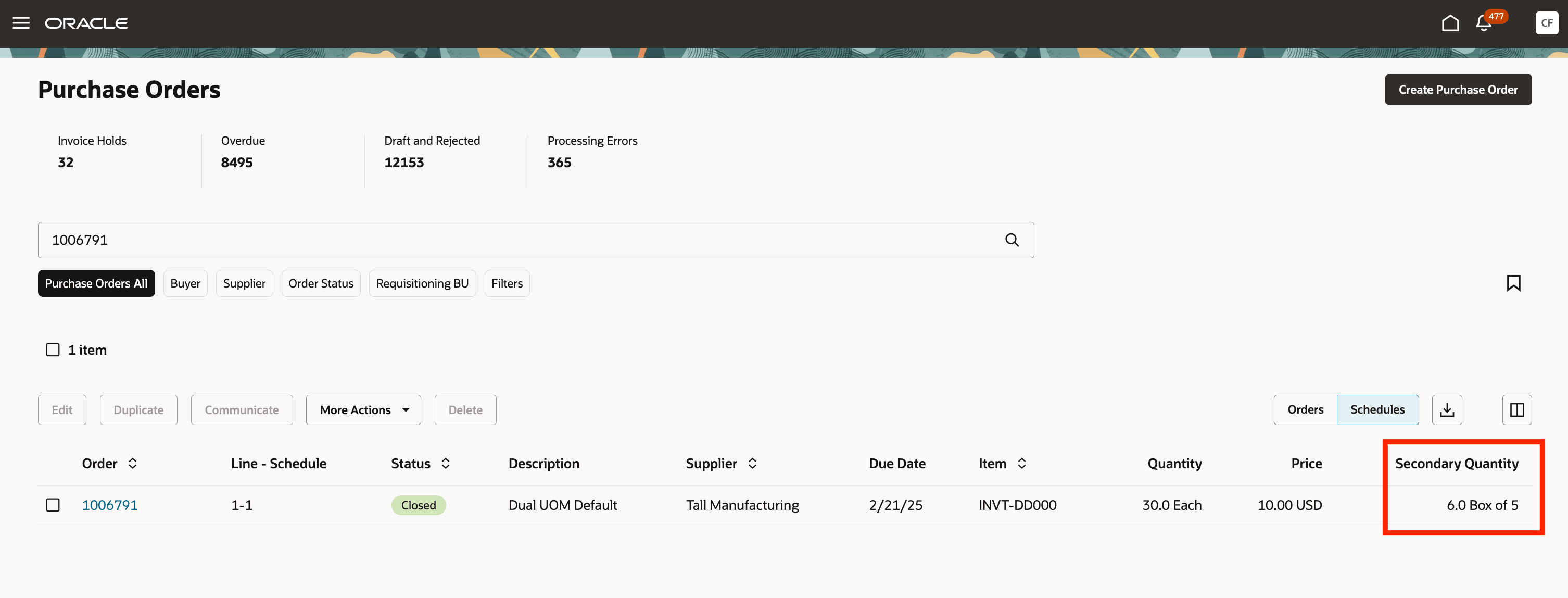 Secondary Quantity on Purchase Orders Schedules View