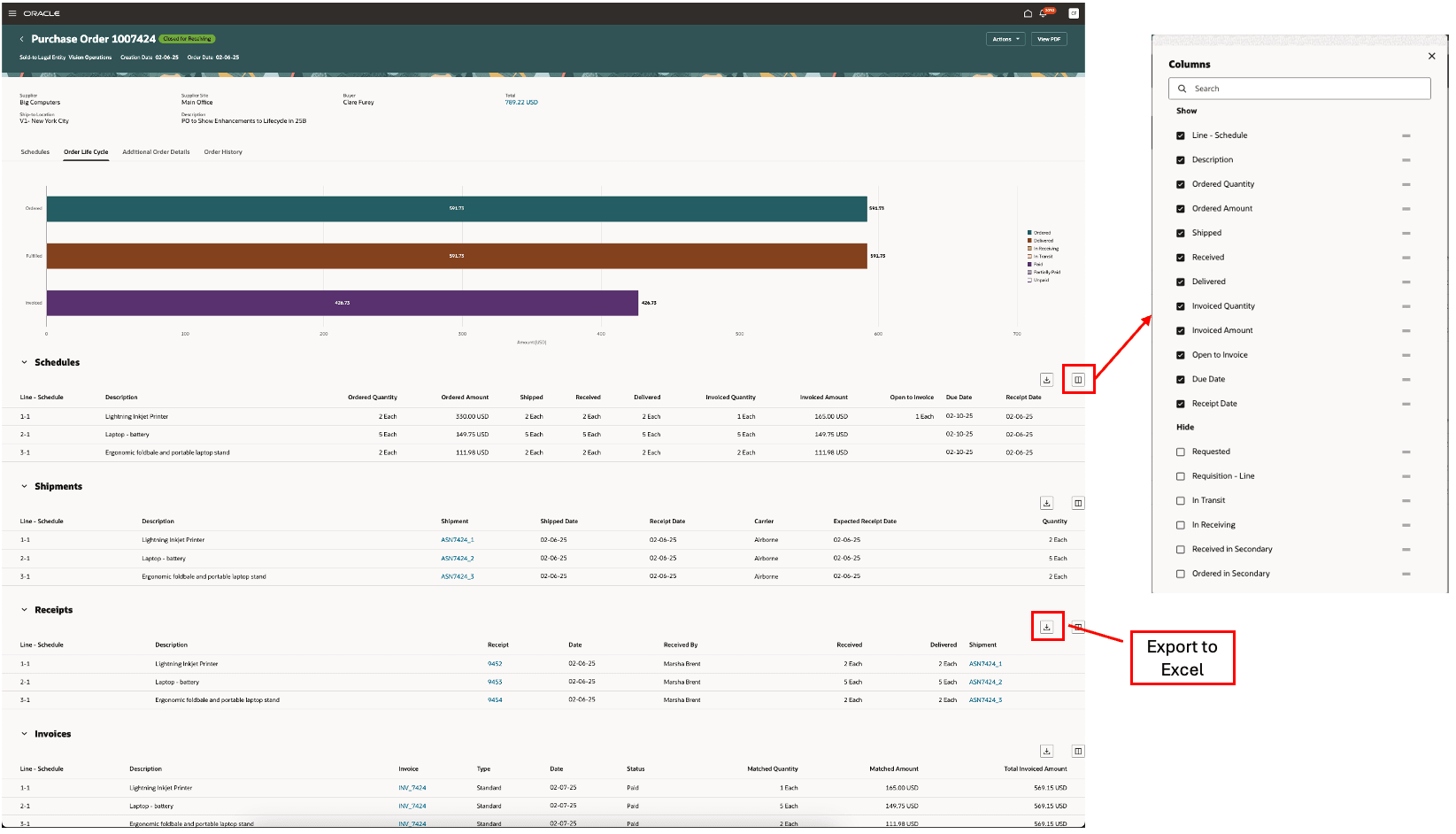 Hide/Show Columns and Export Data to Excel