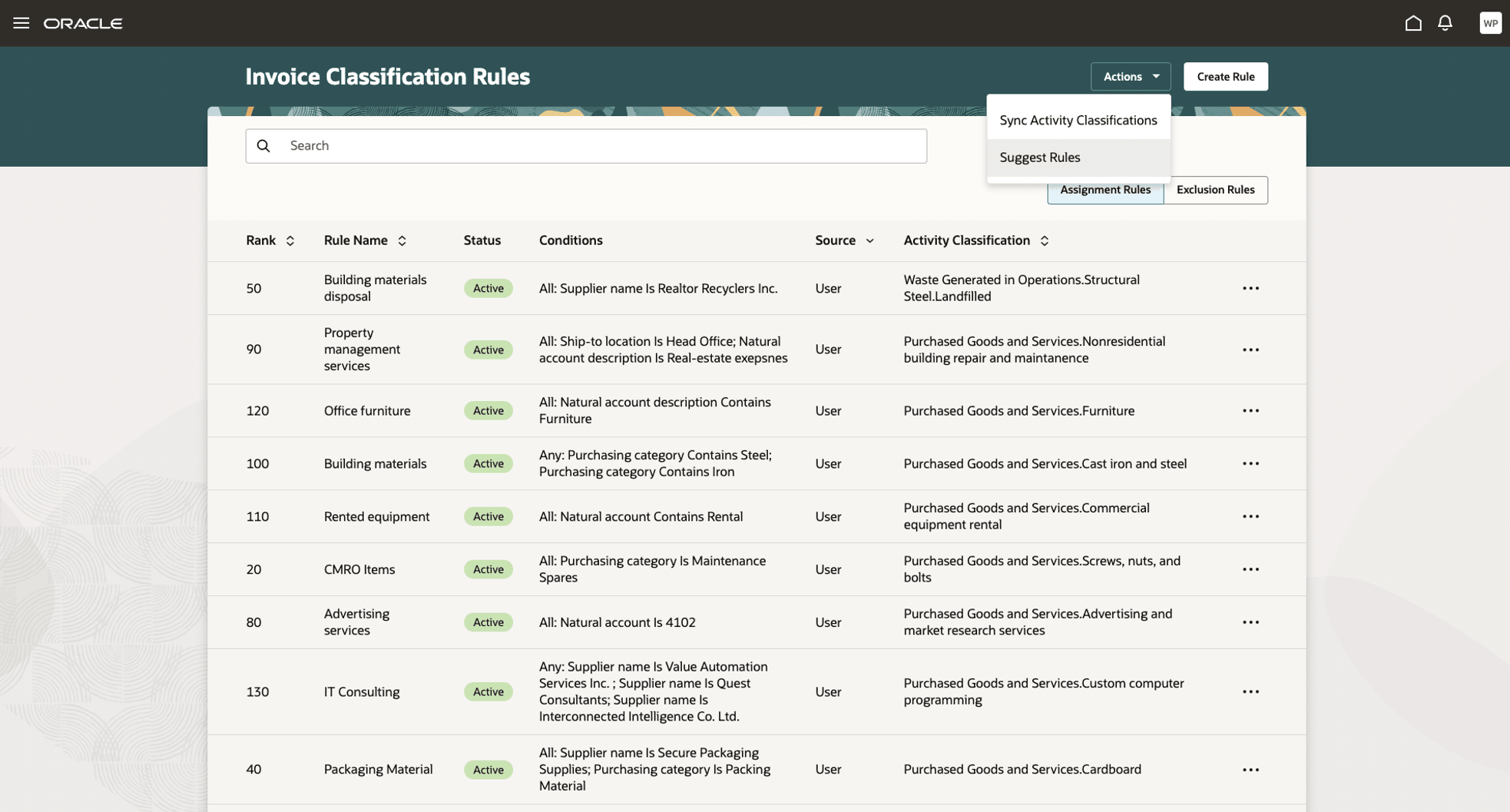 Invoice Classification Rules Page Showing the Suggest Rules Option