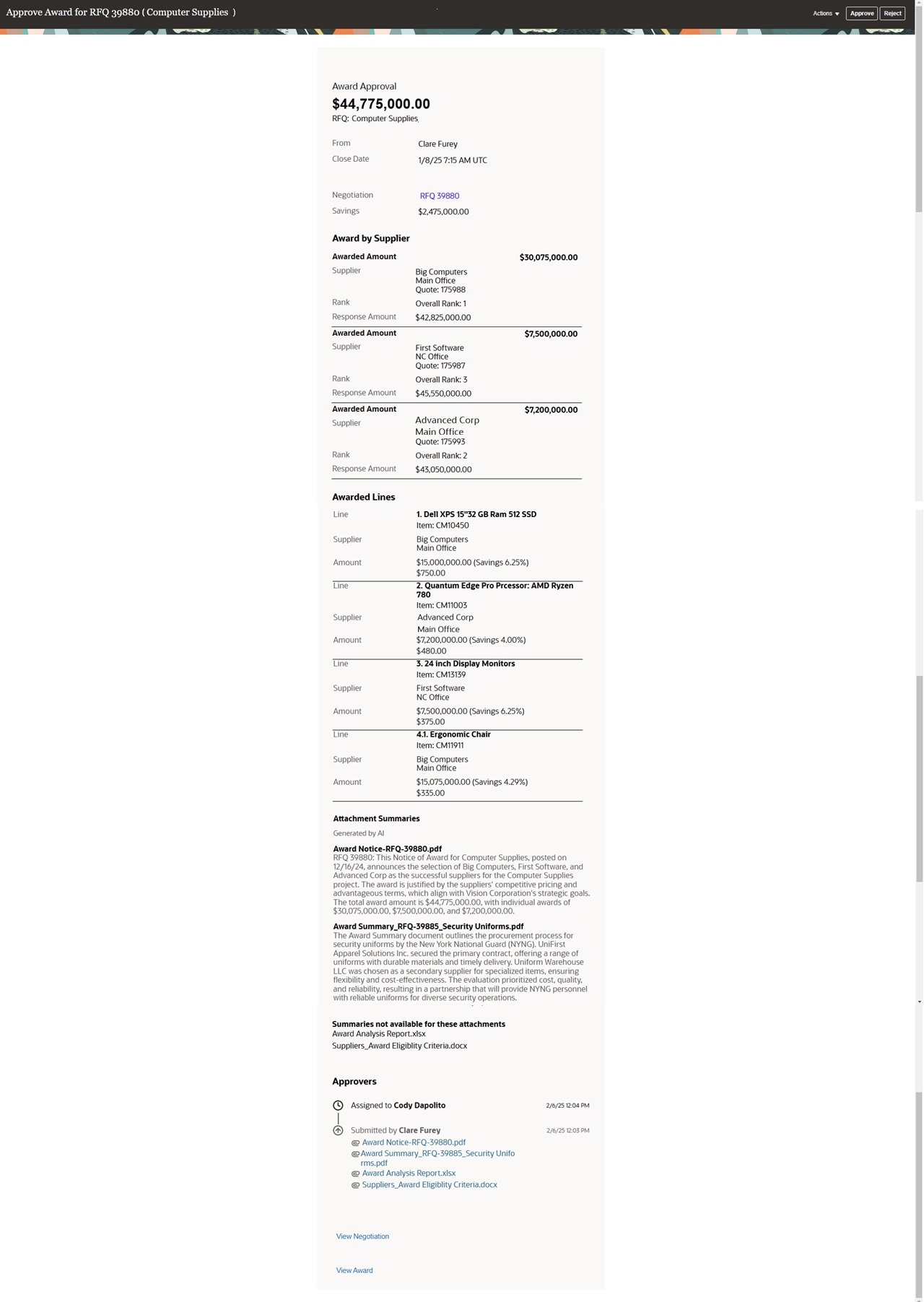 Negotiation Award Approval Notification with Gen AI Summaries
