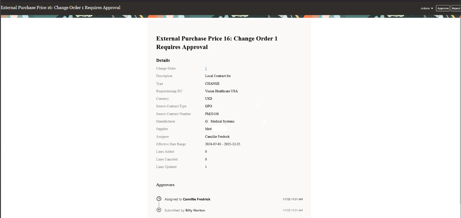 External purchase prices change order approval