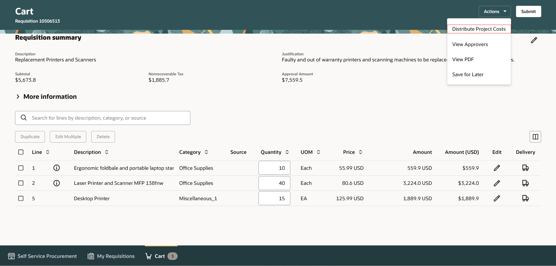 Distribute Project Costs Button on the Shopping Cart