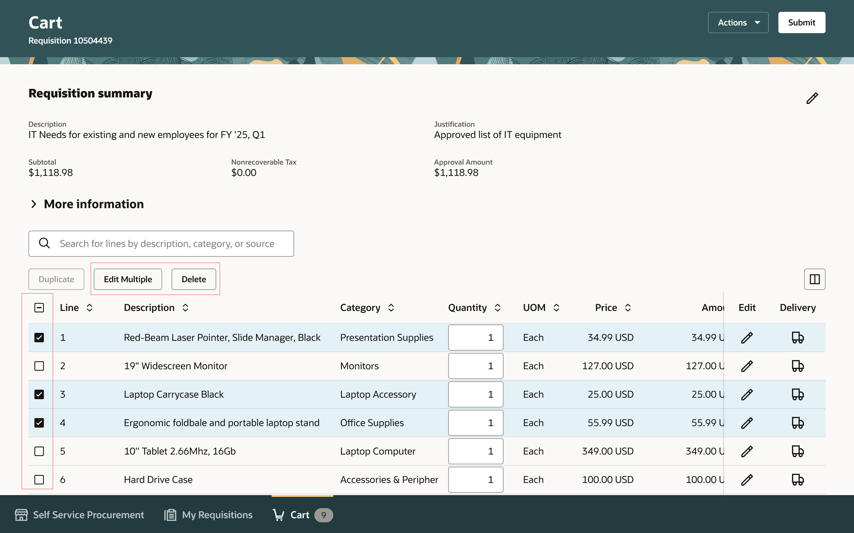 Shopping Cart with Edit Multiple and Delete Multiple Buttons