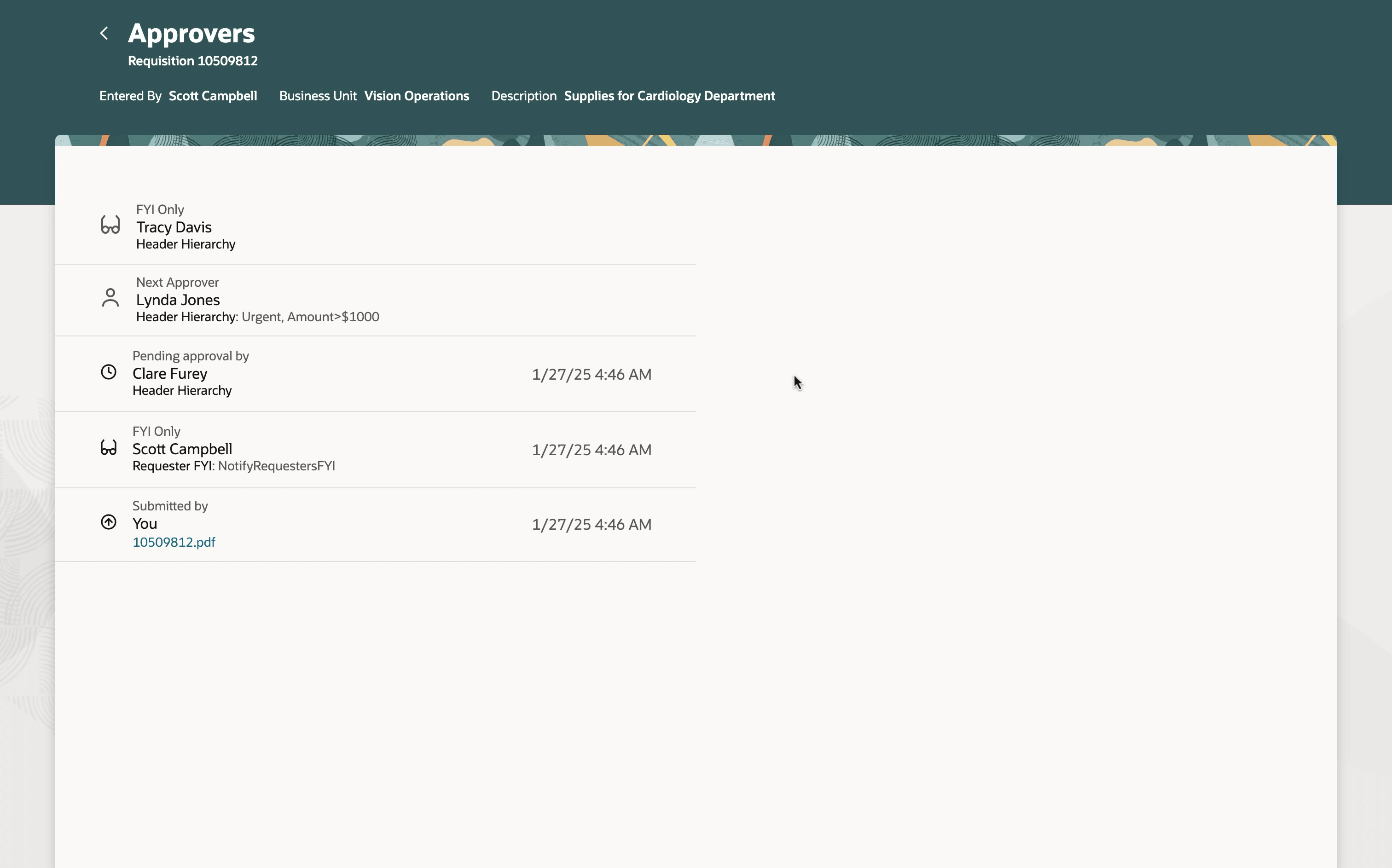 Approval Status showing FYI Approvers and Rule Names for Requisitions Pending Approval