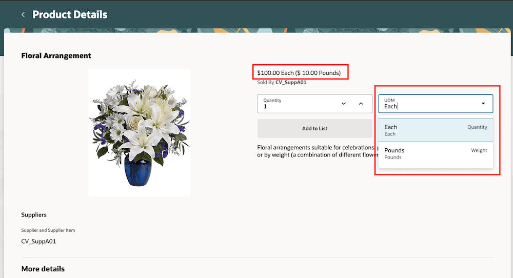 Product Details page for a dual UOM-Controlled Item