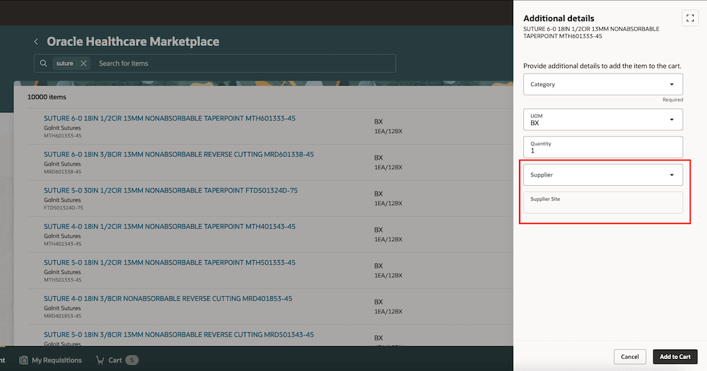 Supplier and Supplier Site fields in the add to cart popup