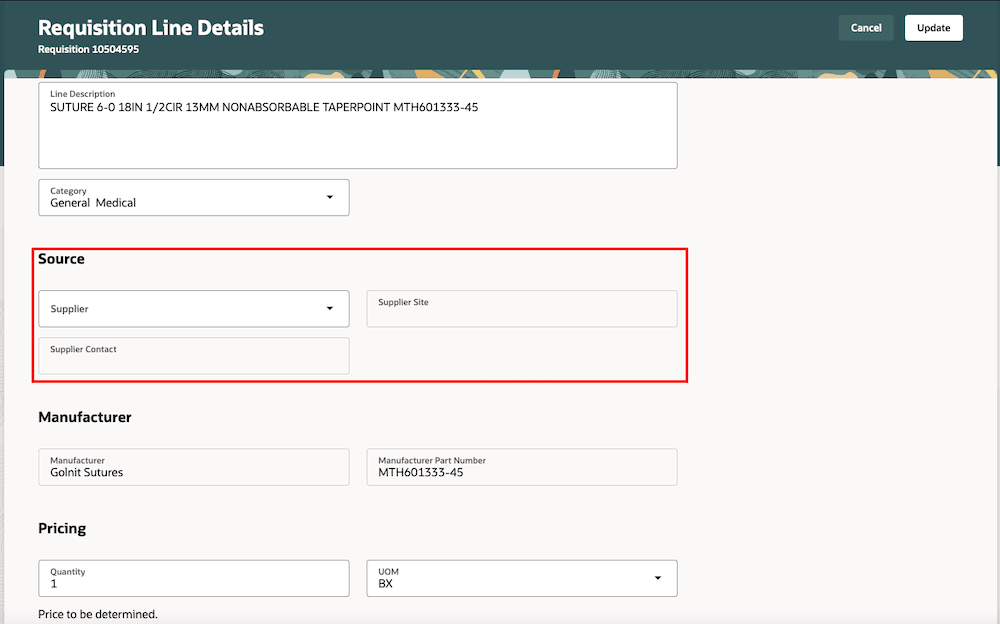 Supplier and Suppier Site fields on the Edit Line page
