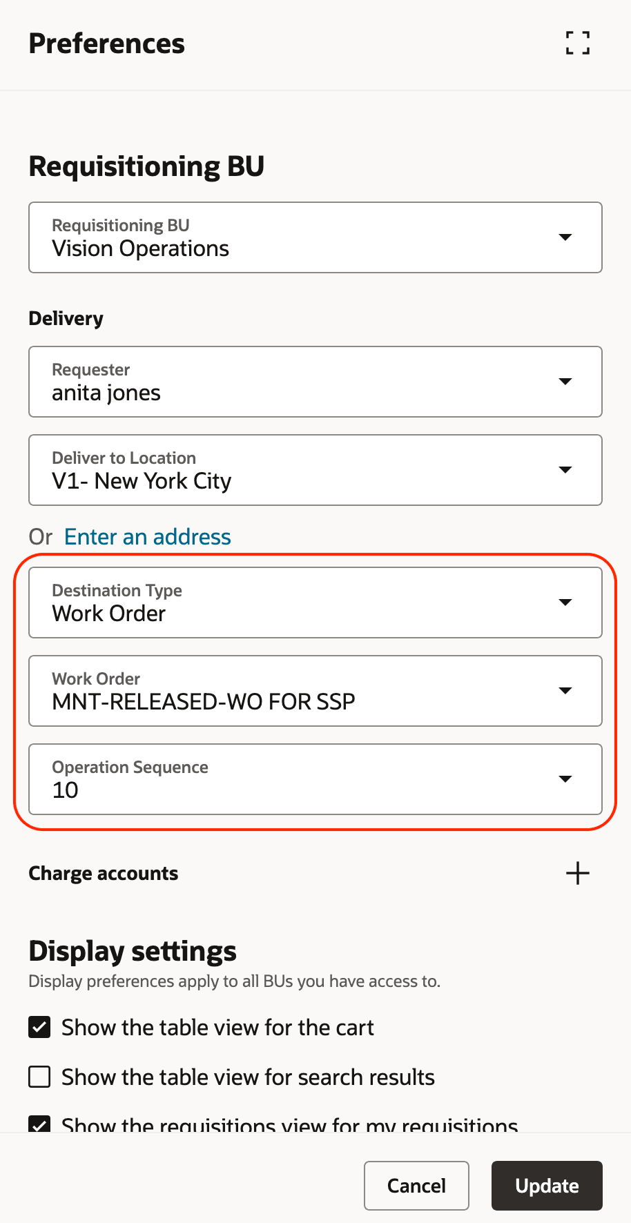 Work Order Details in Preferences