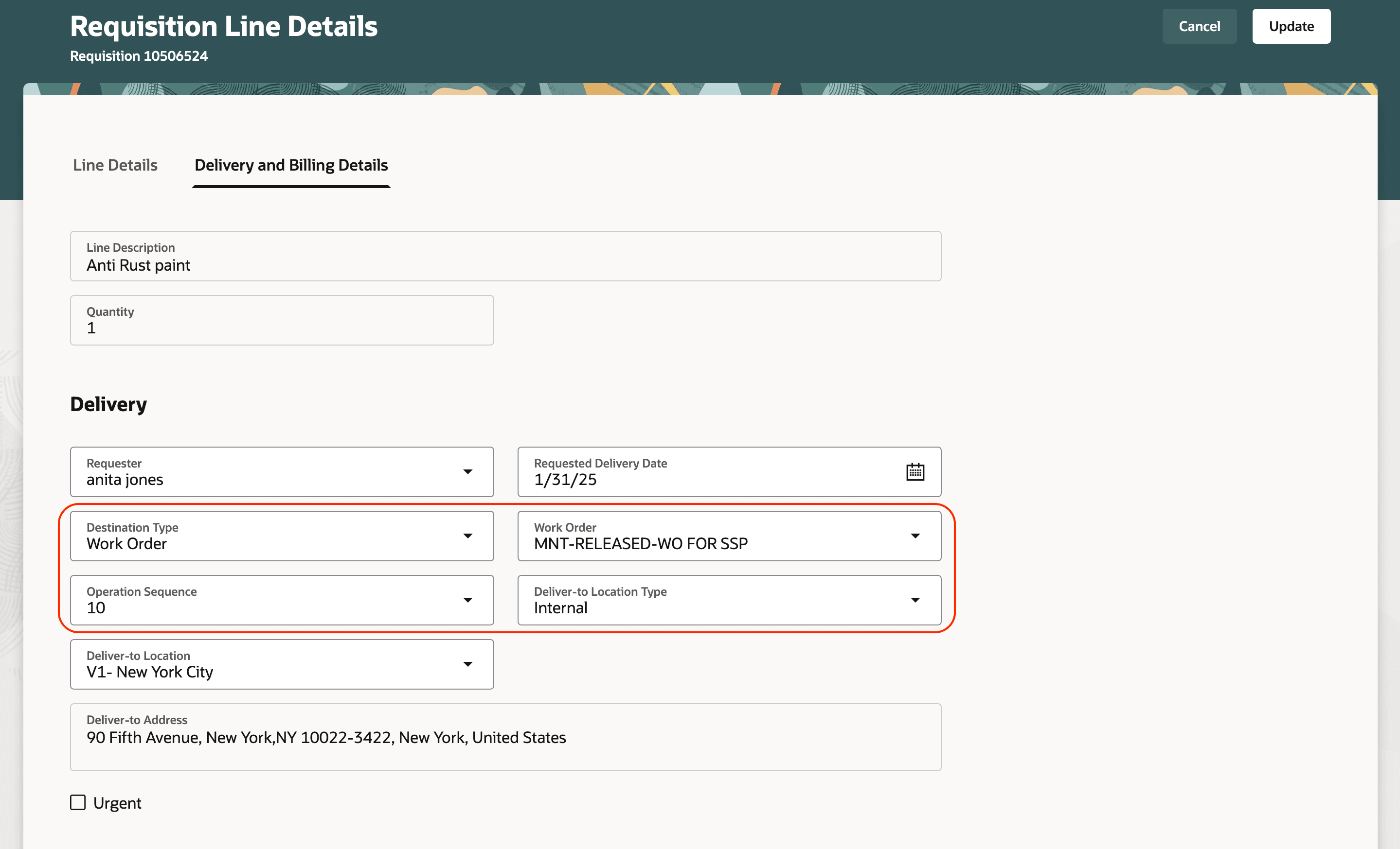 Work Order Details on the Requisition Line