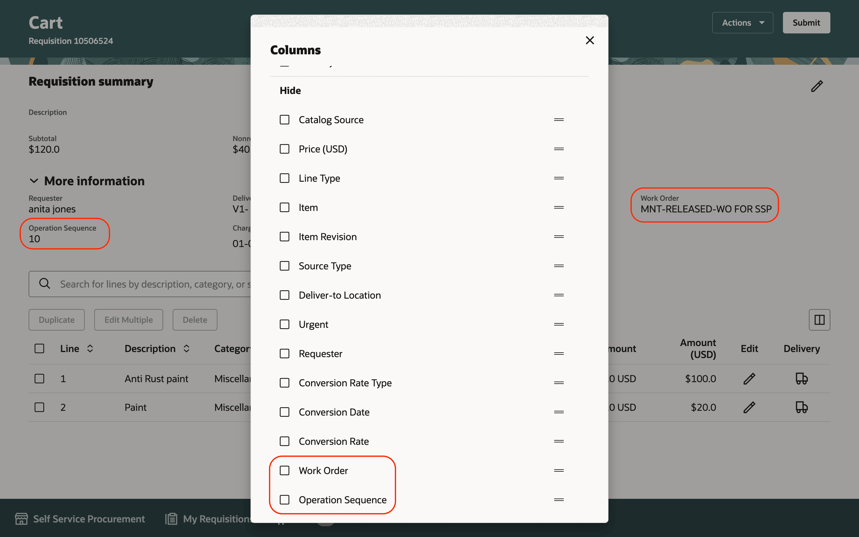 Work Order Details Shown in the Cart Page