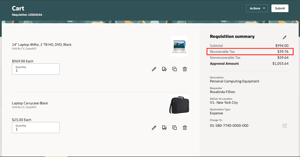 Shopping Cart (List View) showing Recoverable Tax