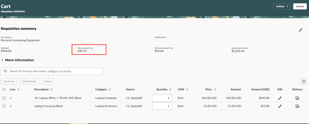 Shopping Cart (Table View) showing Recoverable Tax