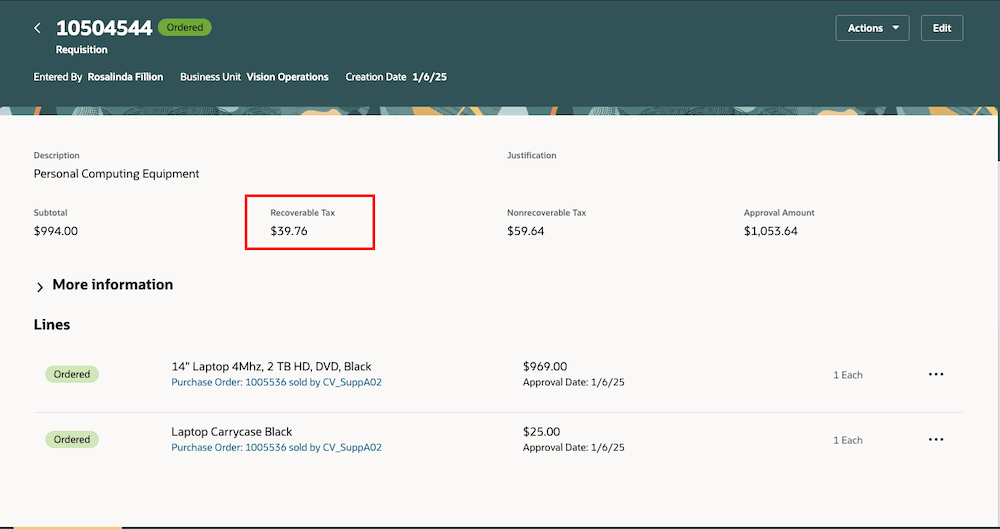 Requisition Details Page showing Recoverable Tax