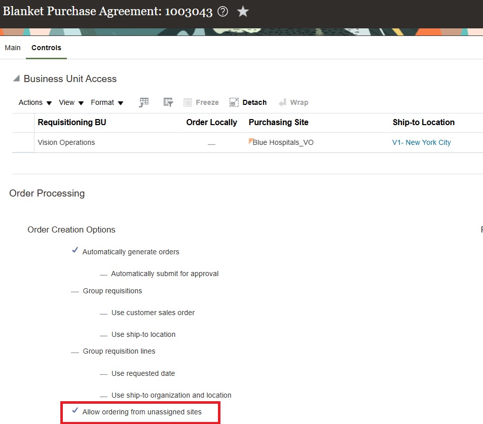Allow Ordering from Unassigned Sites Enabled Under Agreement Controls