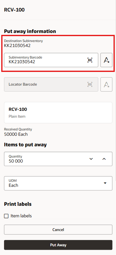 Putaway Item Drawer