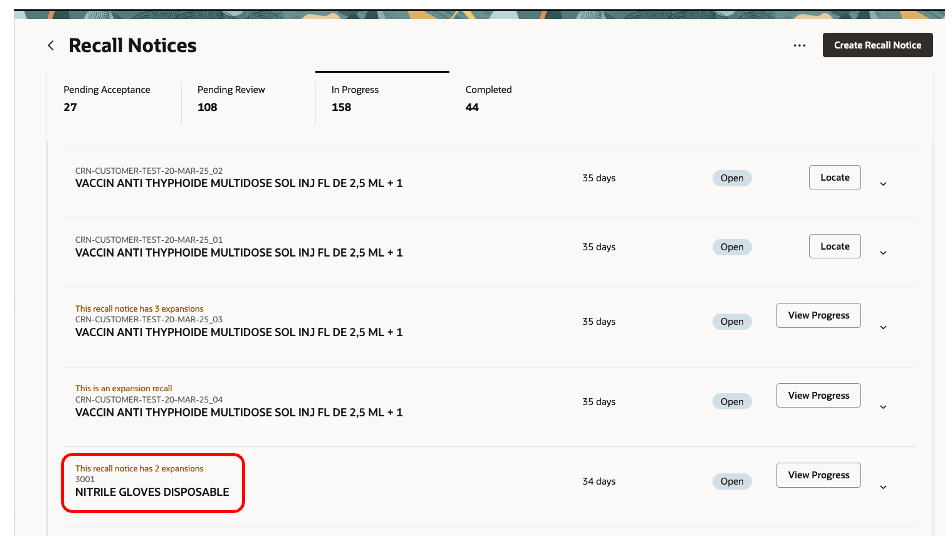 Parent Recall Notice with Expansions in Landing Page