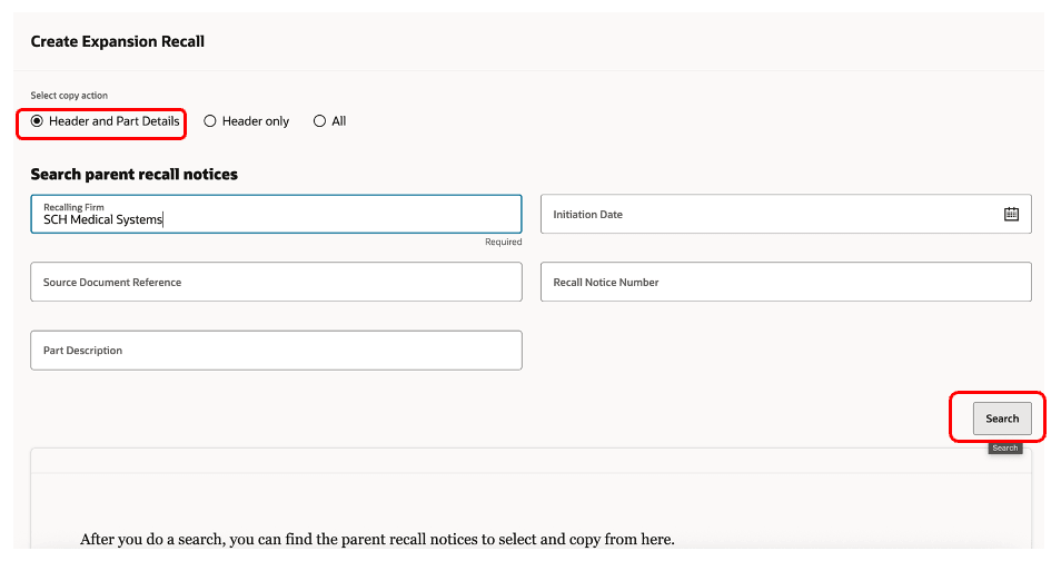 Selecting Copy Action while Creating Expansion Recall