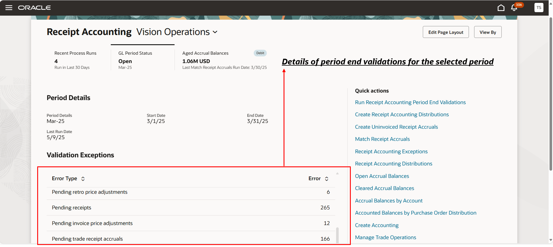 Screen displaying the receipt accounting landing page with the GL period status scorecard