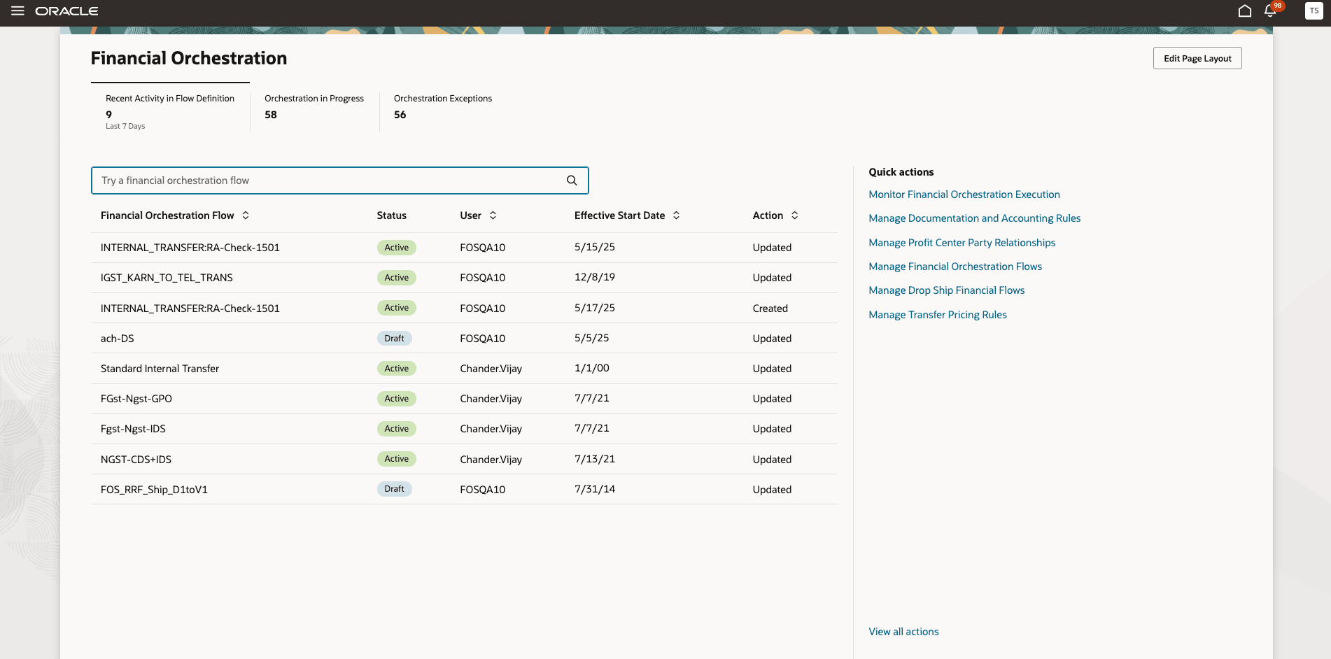 Landing page filtered view after clicking the "Recent Activity in Flow Definition" scorecard