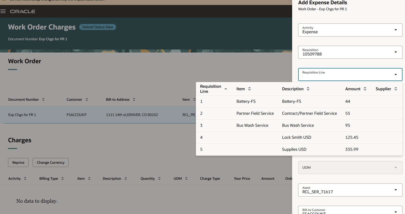Add Expense Charge UI with Requisiton Line Drop Down
