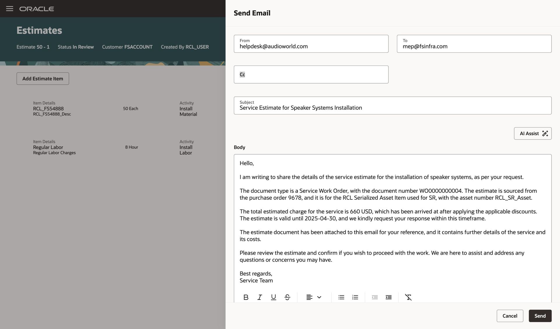 Estimate Cover Note generated by GenAI