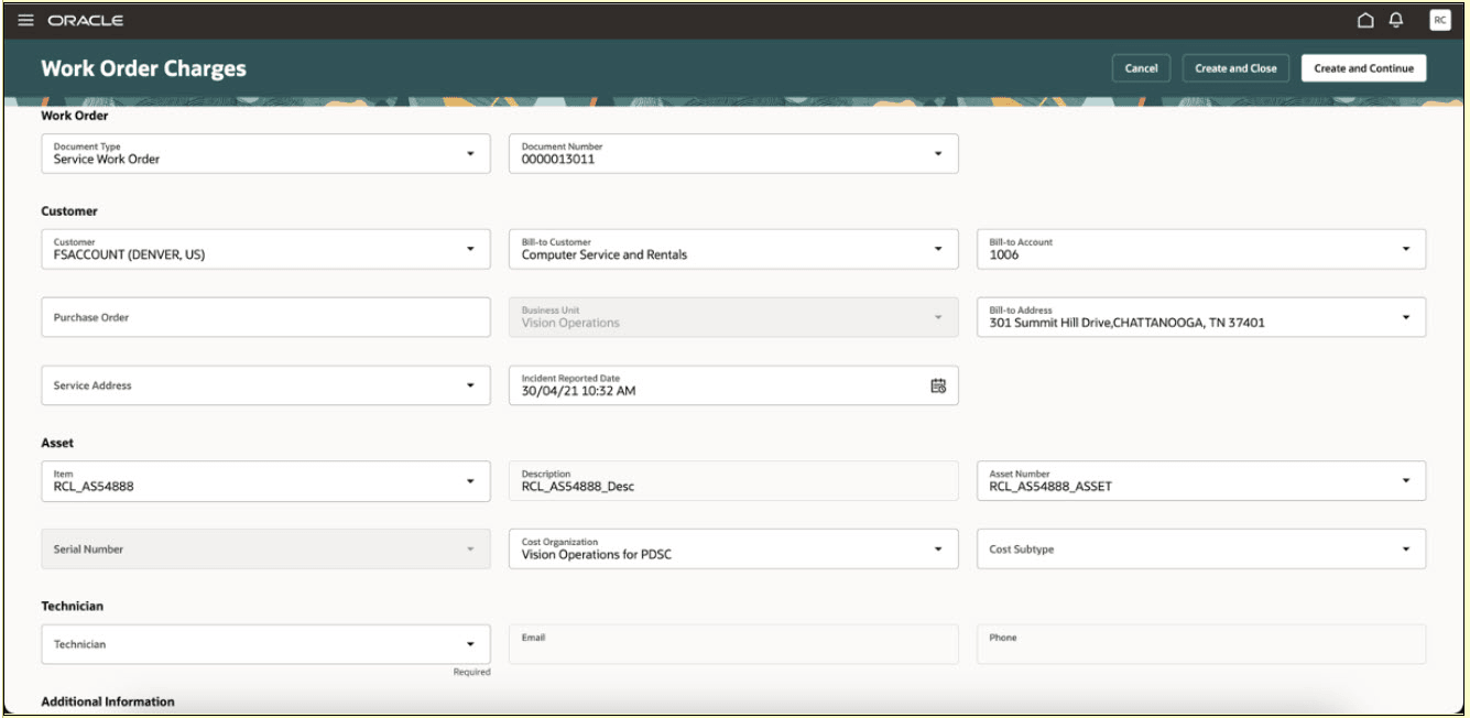 Work Order Charges with Bill-to Customer