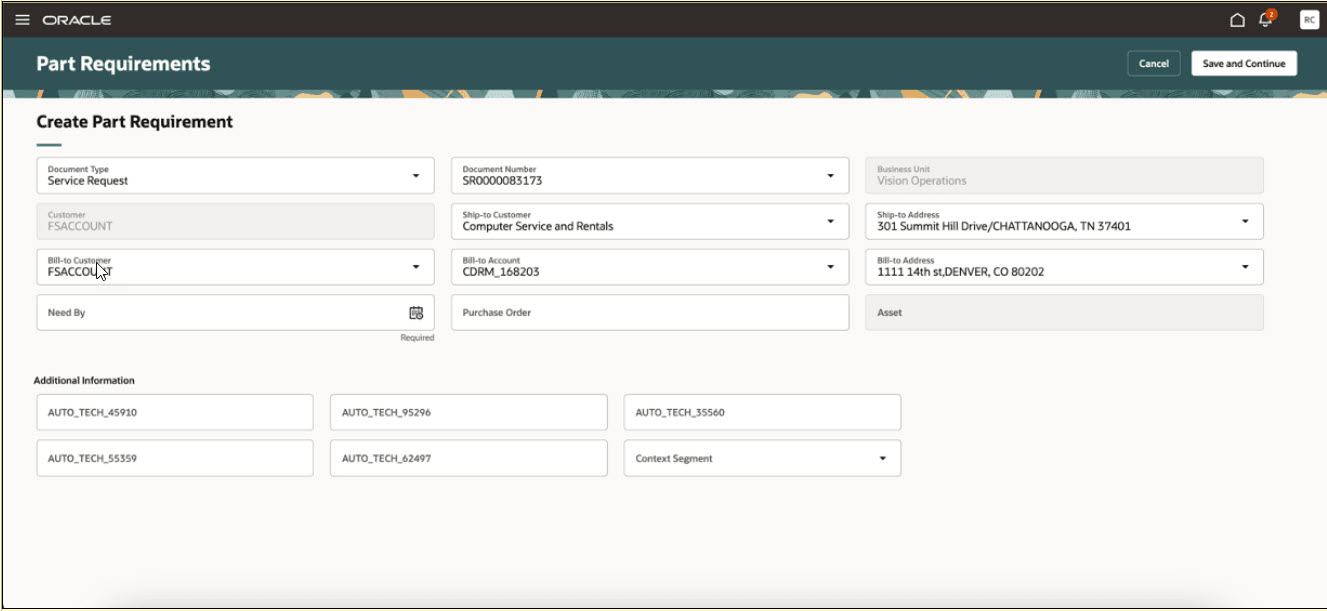 Part Requirements with Bill-to Customer