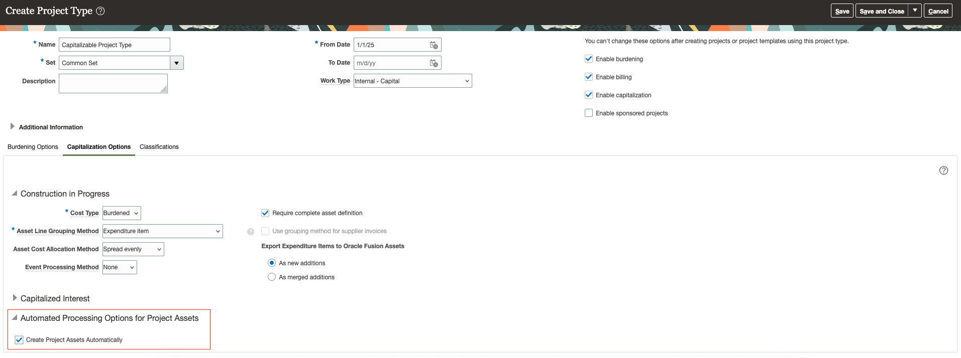 Manage Project Types - Enable Create Project Assets Automatically