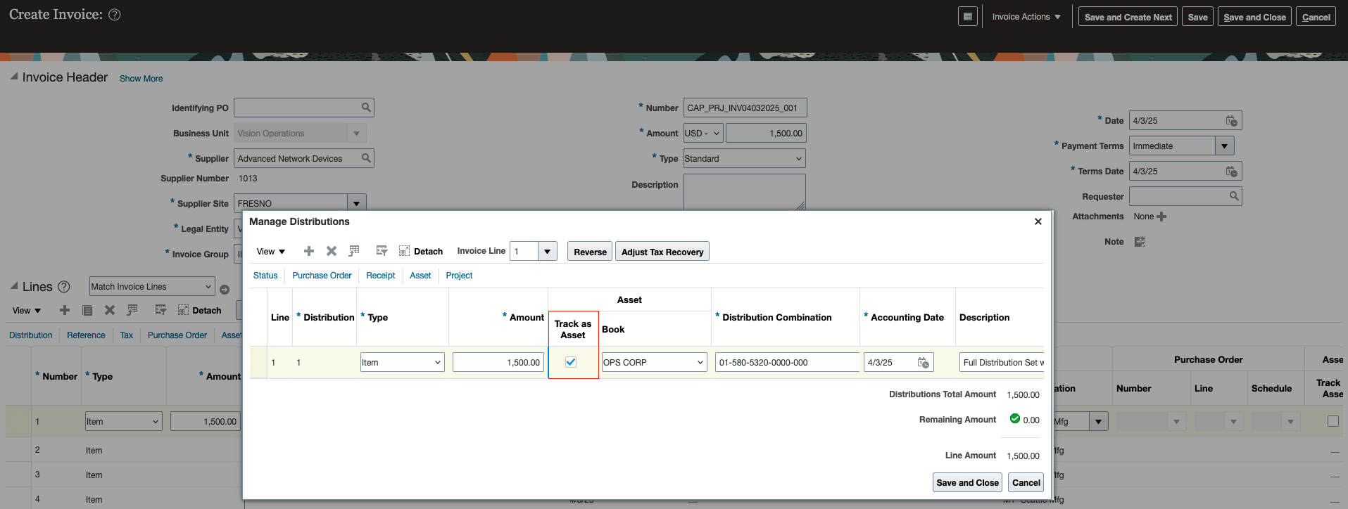 Accounts Payable - Track as Asset on Invoice Distribution Line