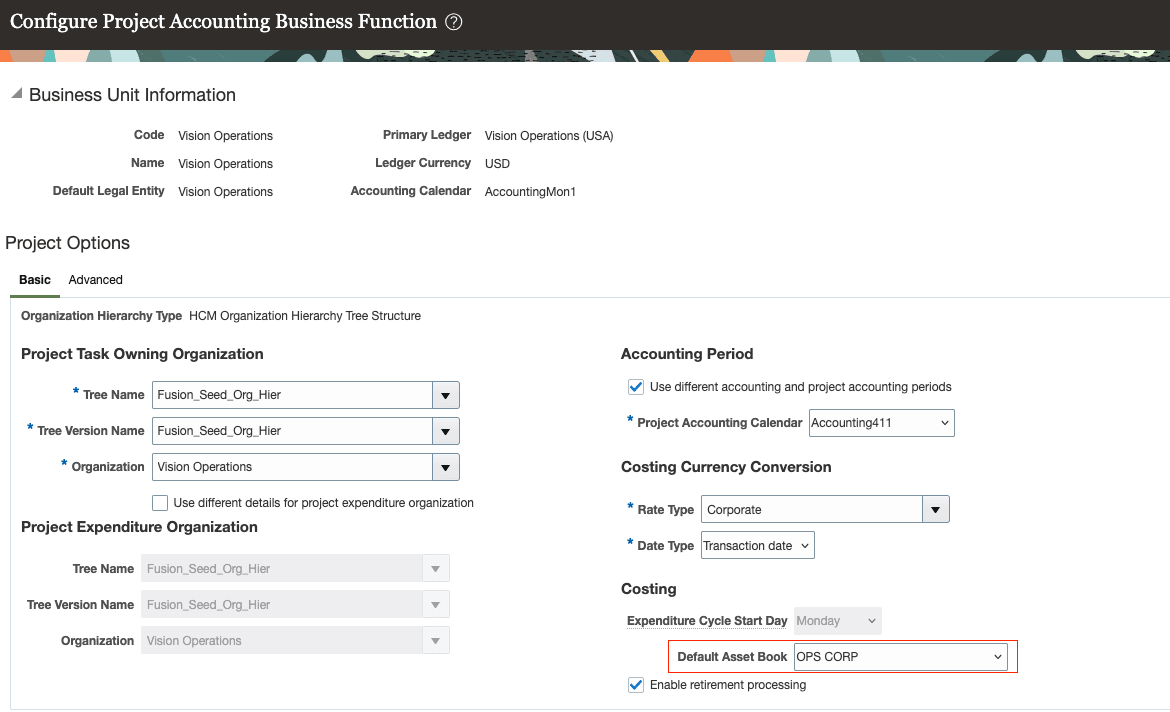 Define default asset book at the receiver business unit configured for the project accounting business function