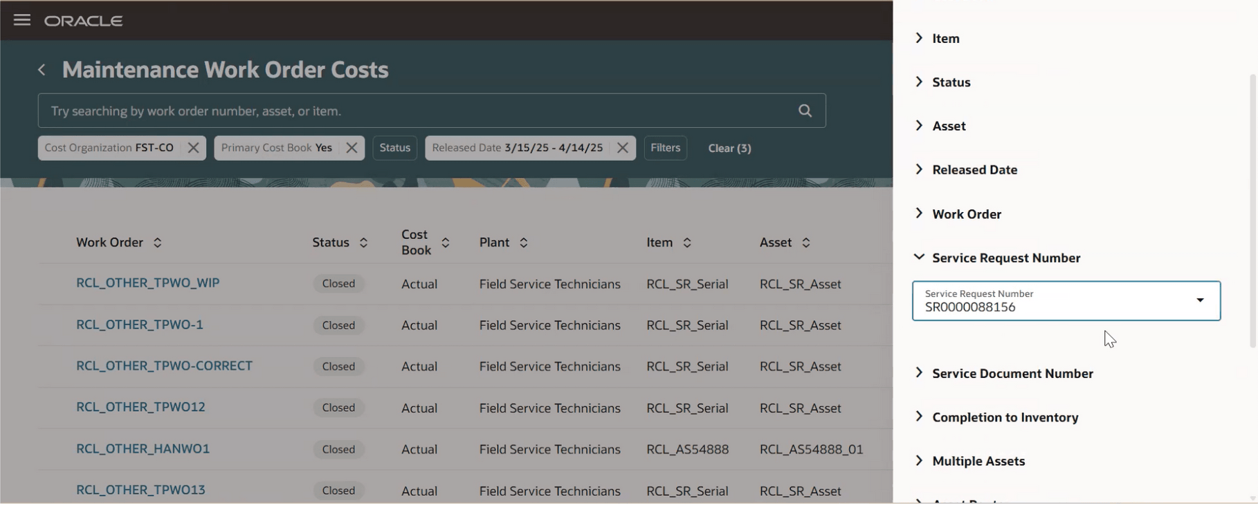 New filters in maintenance work order costs page