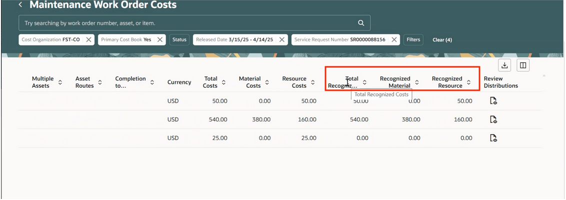 New columns added to the maintenance work order costs page